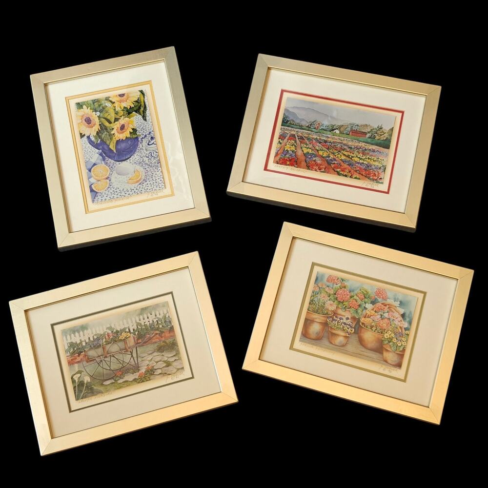 Sharon Medler Signed Watercolor Framed Prints 4 Vintage 90s Flowers Landscape